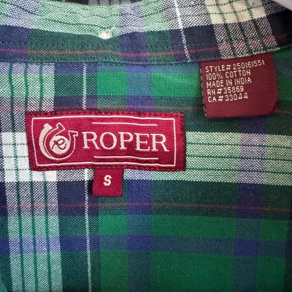 Roper Green Blue Plaid Long Sleeve Shirt Men's Size Small Cowboy Western Cotton - Picture 3 of 8